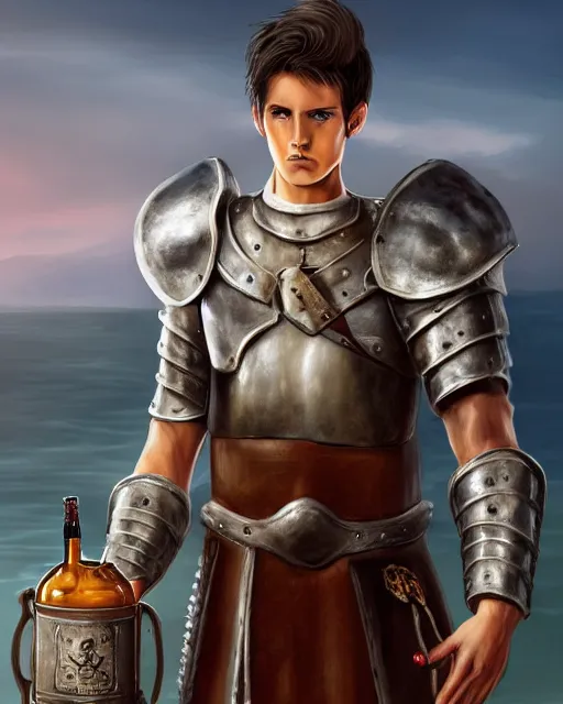 Image similar to Young man, lanky, pale, short black hair, wearing armor made of leather, holding a tankard of ale, digital art, realistic, detailed, trending on artstation, sea in the background