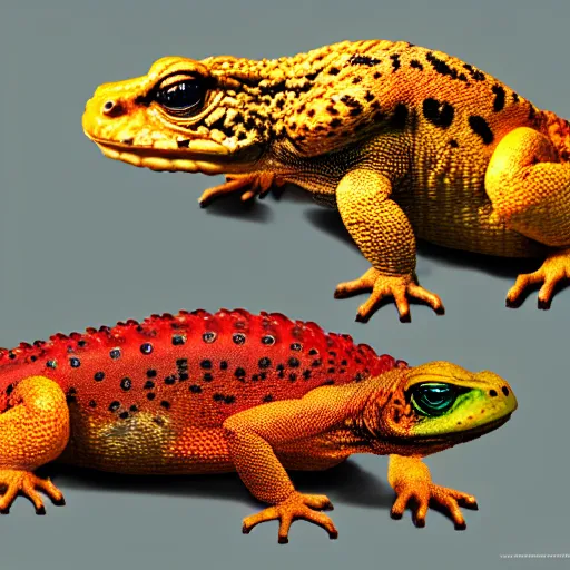 Image similar to three animals,trio, toad with wings front view, rainbow reptile front view, golden lizard front view, trio, artstation, concept art, master illustration, details, good clear quality, fun - w 704