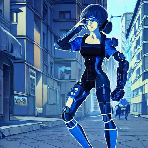 Image similar to cyborg - girl breaking into pieces as it walks down a street, highly detailed, painting, dark blue and black color palette, intricate, high quality anime artstyle, in the style of ilya kuvshinov