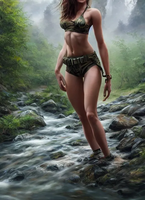 Image similar to photo of a gorgeous young woman with camouflage , climbing a river in the style of stefan kostic, realistic, sharp focus, 8k high definition, insanely detailed, intricate, elegant, art by stanley lau and artgerm