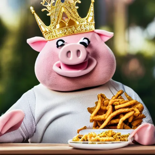 Image similar to cut obese pig wearing a gold crown as a Muppet eating out of a snack bags 8k