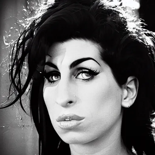 Prompt: close up headshot of Amy Winehouse, looking back over shoulder, telephoto lens, film photo, ektachrome 100, dark lit, detailed, realistic, rim light,