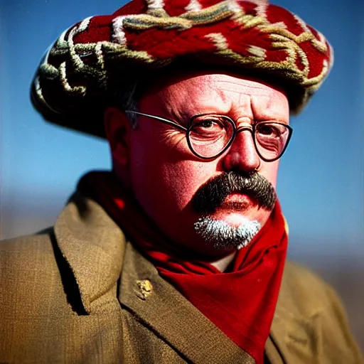 Image similar to portrait of president teddy roosevelt as afghan man, green eyes and red scarf looking intently, photograph by steve mccurry