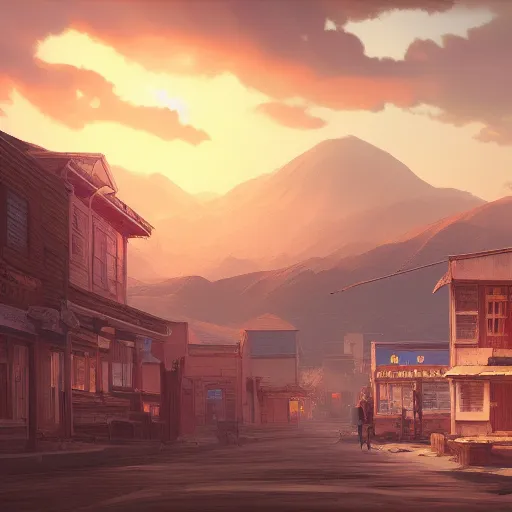 Prompt: a digital painting of an old western town, concept art by Makoto Shinkai, cg society contest winner, photorealism, 2d game art, concept art, matte painting