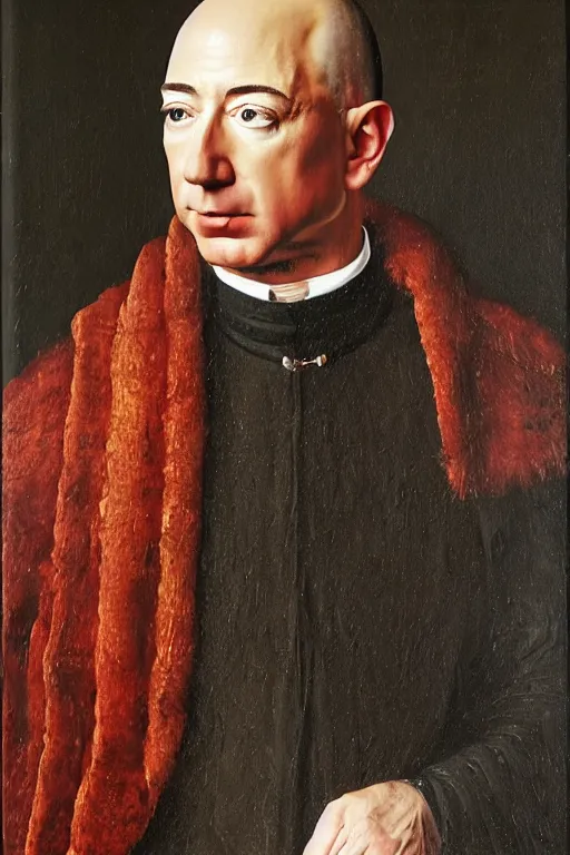 Image similar to portrait of jeff bezos!!! oil painting by jan van eyck, northern renaissance art, oil on canvas, wet - on - wet technique, realistic, expressive emotions, intricate textures, illusionistic detail