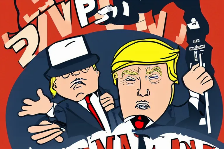 Image similar to 2 d poster illlustration donald trump and donald trump wearing trenchcoats and black spy hats, stacks of boxes everywhere and a safe broken open for the movie spy vs spy