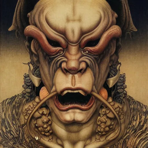 Prompt: hyper realistic traditional japanese illustration of an oni mask, in the style of austin osman spare, wayne barlowe, gustav moreau, goward, bussiere and roberto ferri, santiago caruso, bouguereau, klimt, saturno butto, sorayama and tom bagshaw. occult art - h 7 0 8