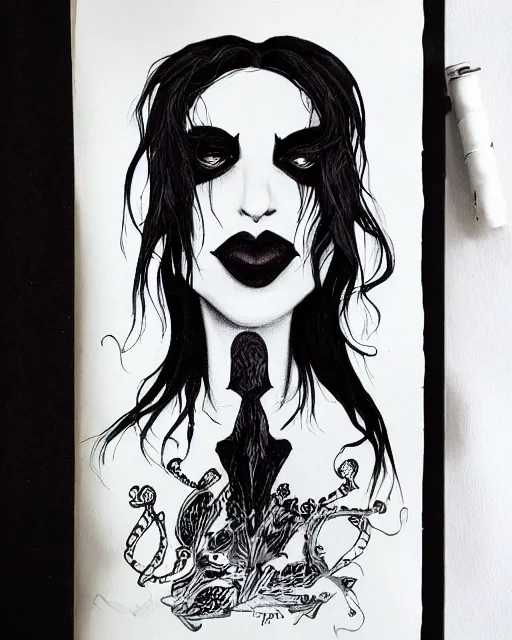 Image similar to creole androgynous vampire, moody black ink illustration