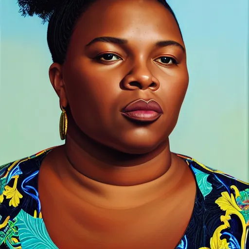 Prompt: A portrait of a thick powerful and pretty non-binary person, oil painting by Kehinde Wiley, majestic, detailed, high resolution