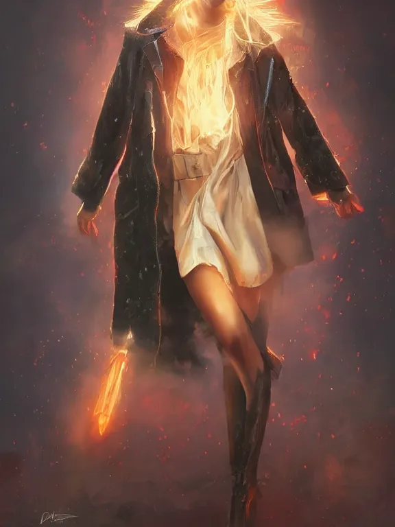 Image similar to digital illustration of a girl with eyes that burn like cigarettes wearing a short skirt and a long jacket with fingernails that shine like justice, dramatic lighting, photorealistic, full body shot, extreme detail, 4 k, colorful, artgerm and craig mullins