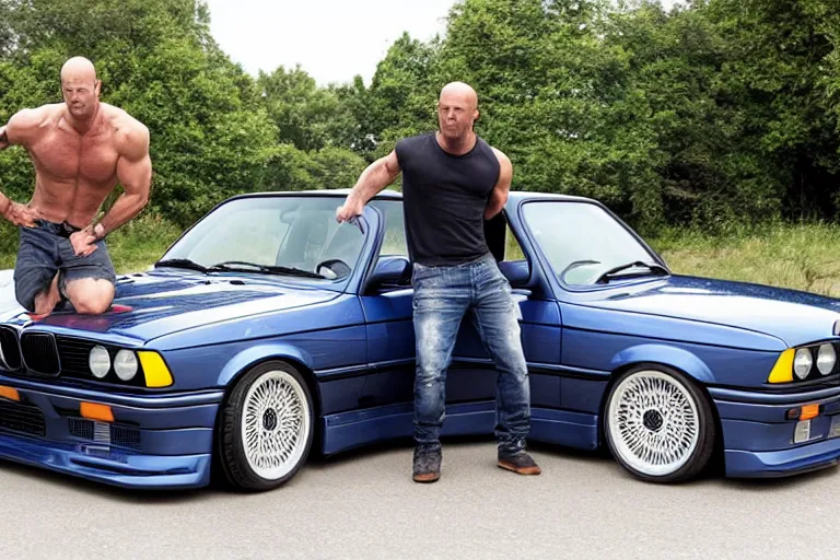 Image similar to Angry Jason Statham lifts BMW e30 that sits above him