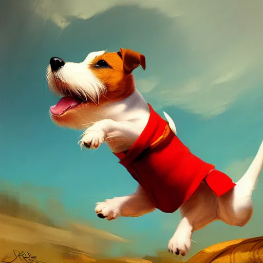 Image similar to adorable jack russel terrier jumping over a red exercise ball, fantasy art, artstation character design contest winner, trending on cgsociety, concept art, speedpaint, beautiful digital art, jesper ejsing, james jean, justin gerard, fenghua zhong, makoto shinkai, highly detailed