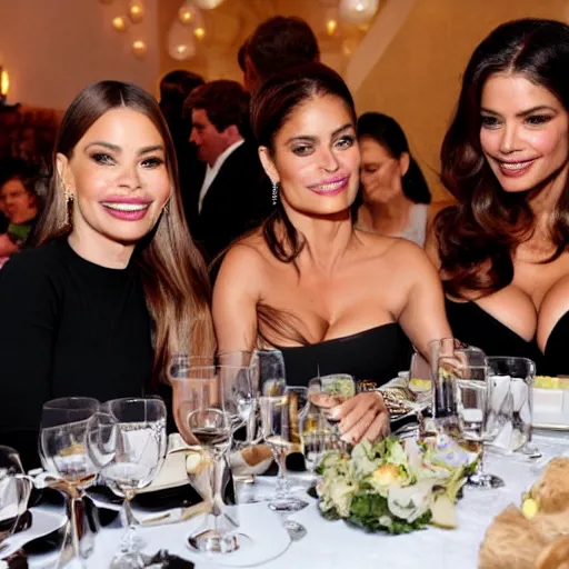 Image similar to candid group photo of sofia vergara and salma hayek and penelope cruz and catherine zeta jones and eva mendes, sitting at a table at an event, laughing