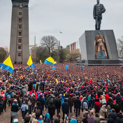 Image similar to a crowd of people with ukrainian flags bring down statue of vladimir lenin, leica sl 2 5 0 mm, dslr, vivid color, high quality, high textured, real life