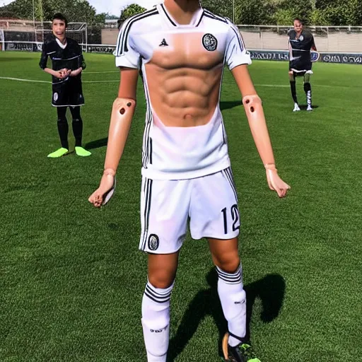 Image similar to a realistic detailed photo of a guy who is an attractive humanoid who is half robot and half humanoid, who is a male android, soccer player martin ødegaard, shiny skin, posing like a statue, blank stare, in a living room, on display, showing off his muscles