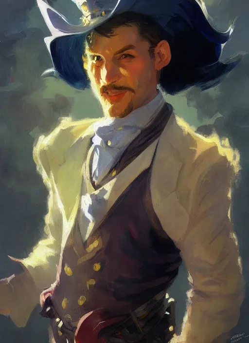 Prompt: fantasy art smug smile man, fancy flashy hat, colorful rich fantasy clothing, sharp fashion, slick hair, oil painting, hd, character portrait, artstation, n. c. wyeth, sargent, greg rutkowski, no beard