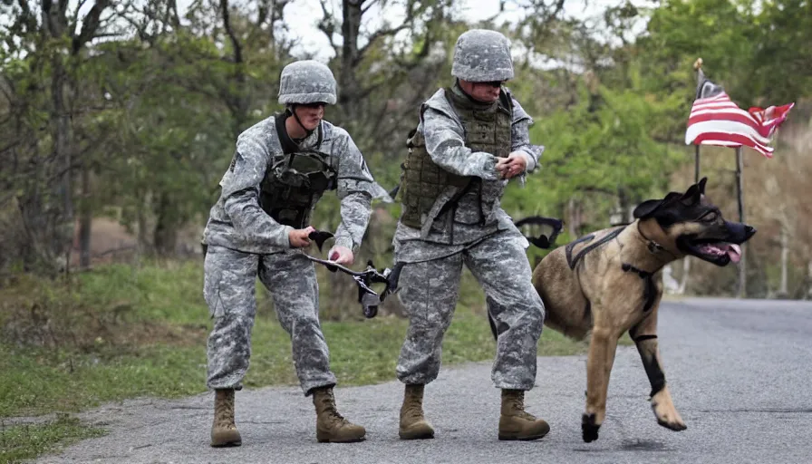 Image similar to a soldier sends a dog to attack a cyborg