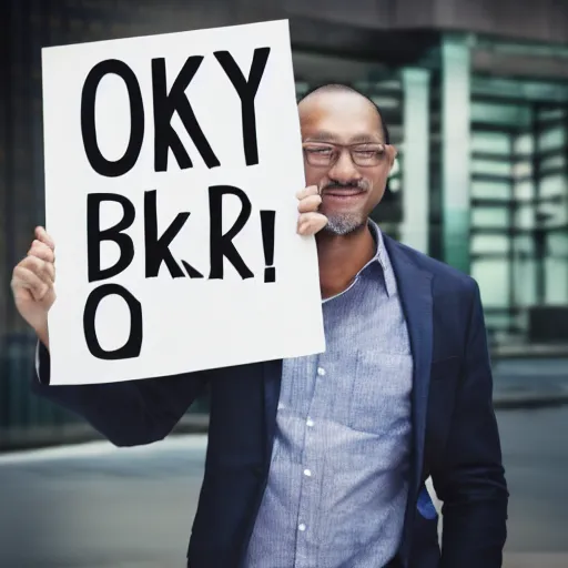 Image similar to stock photo of a man holding a sign that says OKBUDRETARD, realistic, detailed image, HDR, HDD, Clear Image, RTX ON, C 10.0