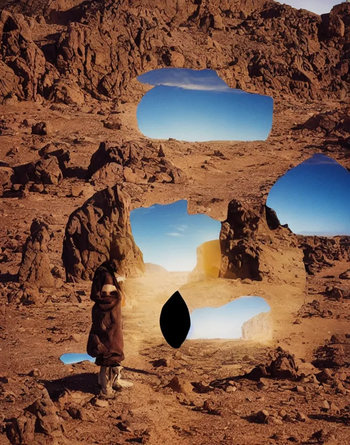 Image similar to levitating ghost silhouette with full - face golden mask in a dry rocky desert landscape, visible sky and sunny atmosphere, fata morgana and giant square mirrors by alejandro jodorowsky, anamorphic lens, kodakchrome, practical effects, masterpiece, 8 k