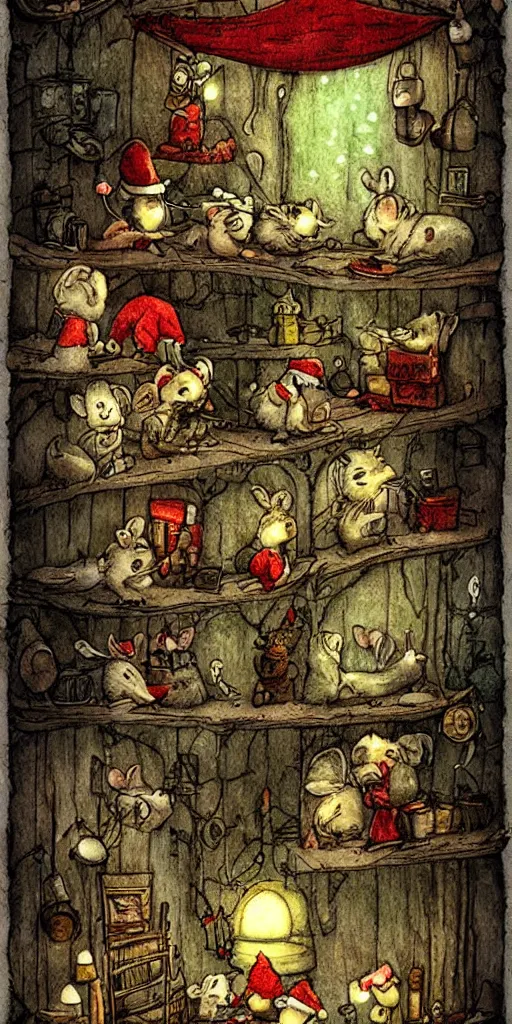 Image similar to an indoor christmas mice scene by alexander jansson