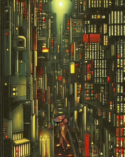 Image similar to melancholy rainy night of cyberpunk city life by de chirico