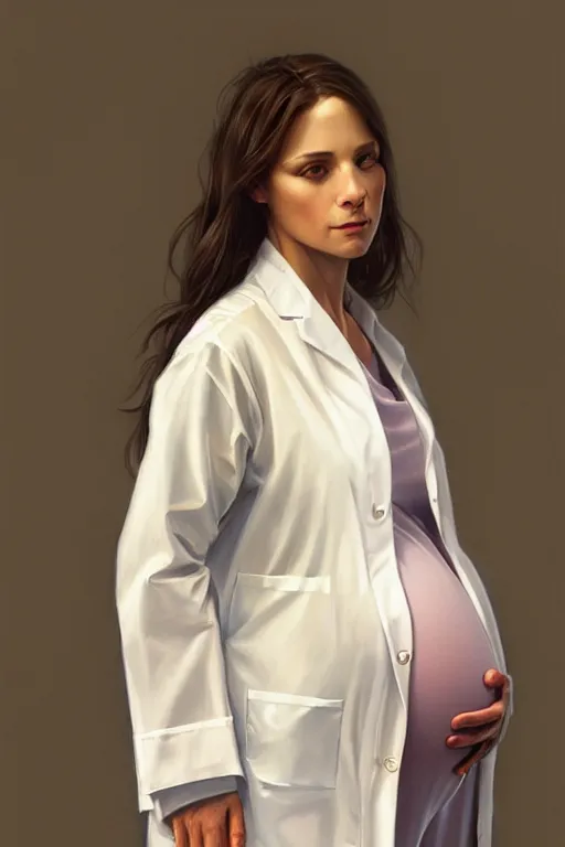 Image similar to anthony fauci!, pregnant in a white lab coat, realistic portrait, symmetrical, highly detailed, digital painting, artstation, concept art, smooth, sharp focus, illustration, cinematic lighting, art by artgerm and greg rutkowski and alphonse mucha