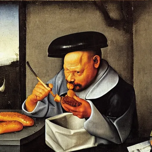 Prompt: George Costanza eating an eclair out of a trash can, by Hieronymous Bosch