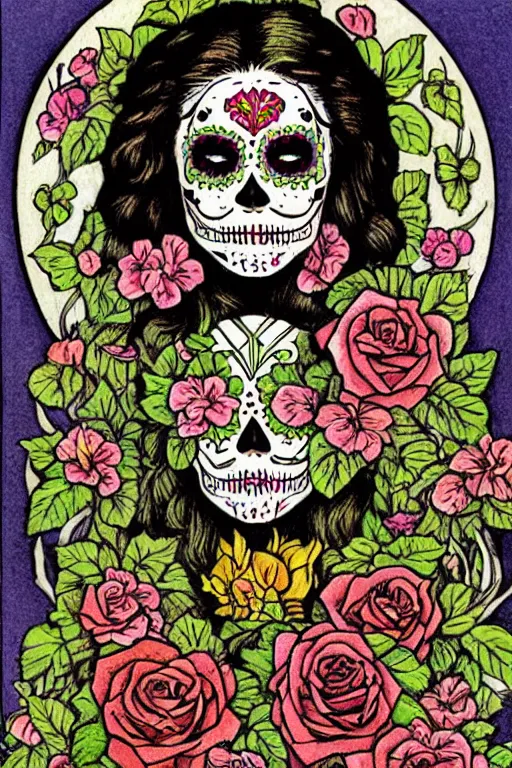 Prompt: Illustration of a sugar skull day of the dead girl, art by louis rhead