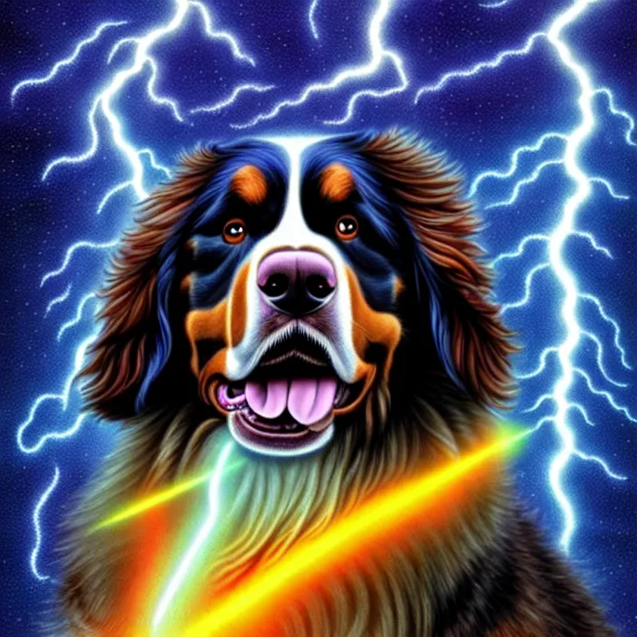 Prompt: an anthropomorphic male bernese mountain dog dressed as zeus shooting lightning bolts, by alex grey, intricate details, artstation, furry, psychedelic, hd, beautiful