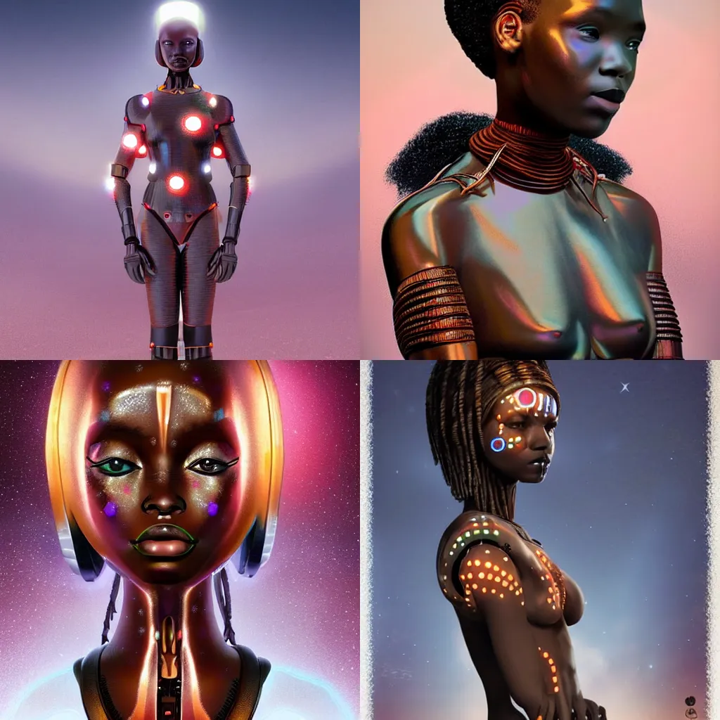 Prompt: beautiful afrofuturistic himba woman, otjize, glowing spacesuit, himba hairstyle, led details, robotic arms, hyperrealistic, scifi, concept art, stylized, dark, muted colors