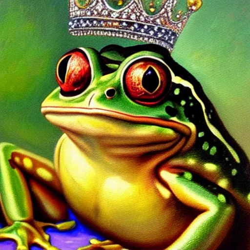 Image similar to beautiful oil painting painting of a frog wearing a crown in swamp