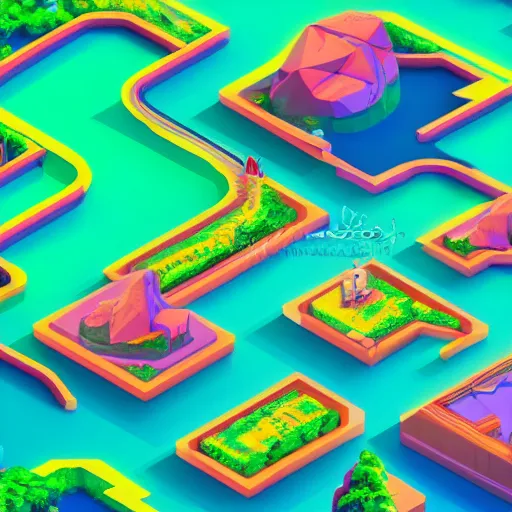 Image similar to isometric island land on neon background, isometric invironment, 3d art, isometric art, high detail, artstation, concept art, behance, ray tracing, smooth, sharp focus, ethereal lighting