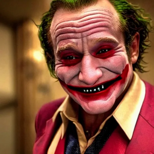 Image similar to stunning awe inspiring ( robin williams ) as the joker 8 k hdr movie still atmospheric lighting