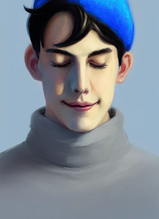 Image similar to portrait of teenage jughead jones wearing a light grey crown, crown, blue turtleneck, closed eyes, eyes closed, smile, crown, black hair, intricate, elegant, glowing lights, warm lighting, highly detailed, digital painting, artstation, concept art, smooth, sharp focus, illustration, art by wlop, mars ravelo and greg rutkowski