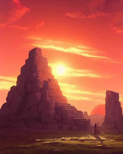 Prompt: a blazing geometric sun above a monolithic temple, detailed, cell shaded, 4 k, warm colours, concept art, by wlop, ilya kuvshinov, artgerm, krenz cushart, greg rutkowski, pixiv. cinematic dramatic atmosphere, sharp focus, volumetric lighting, cinematic lighting, studio quality