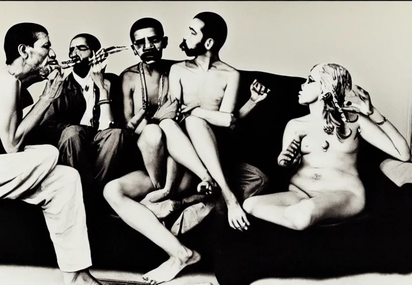 Prompt: smoke session for the ages: Gandhi , Obama, Jesus, And Lady GaGa smoking a fat blunt on a sofa by Andy Warhol, photograph