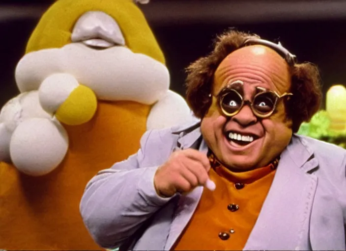 Prompt: film still of Danny Devito as an Oompa Loompa in Willy Wonka and the Chocolate Factory 1971