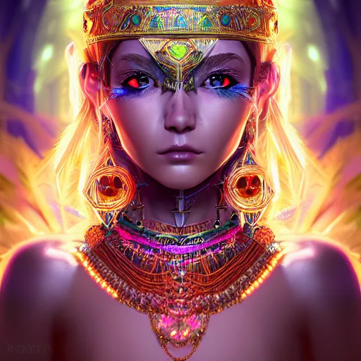 Image similar to portrait highly detailed beautiful symmetrical face high priestess intricate elegant detailed crystal jewellery with tribal feathers, lush colourful volumetric lighting, anime digital painting, concept art, smooth, sharp focus 3 d, divine realm of gods, realistic cinematic style, octane render, photographic, unreal engine 8 k