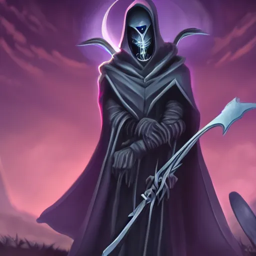 Prompt: Karthus from League of Legends as a grim reaper holding a scythe wearing a cloak, epic detail, night, star sky