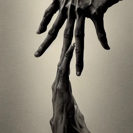 Prompt: The hands of god and the hands of death reaching together, vertical symmetry, detailed hands, detailed skeleton hands, beautiful moody artwork by Greg Rutkowski and Asher Duran