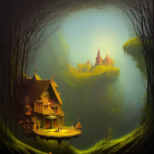 Image similar to a beautiful dark acrylic painting of a dark fantasy land by Raja Ravi Varma and Gediminas Pranckevicius, trending on ArtStation.