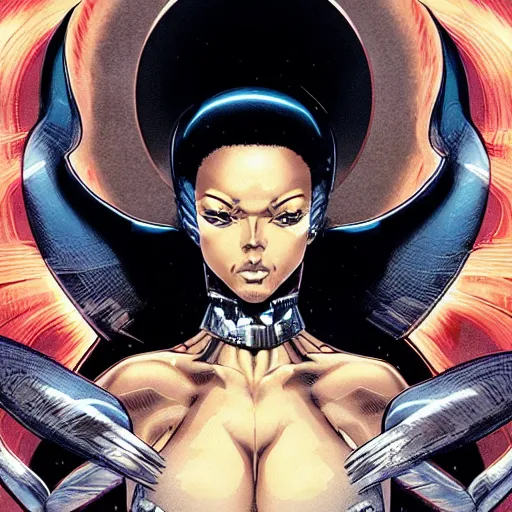 Image similar to portrait of ororo from xmen, symmetrical, by yoichi hatakenaka, masamune shirow, josan gonzales and dan mumford, deayami kojima, takato yamamoto, barclay shaw, karol bak, yukito kishiro