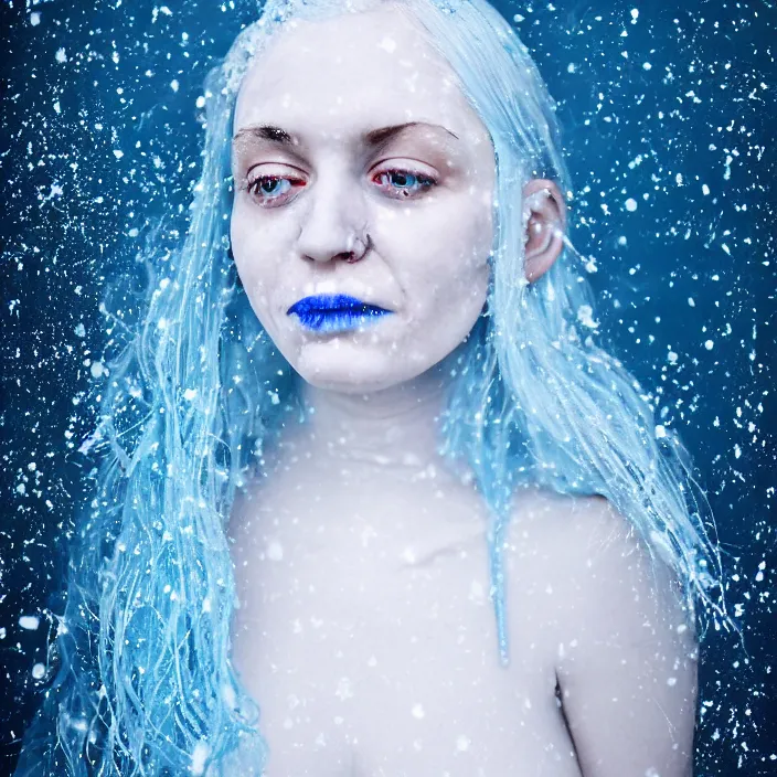 Image similar to a sickly looking woman dying of hypothermia, with very white skin and pale blue hair wearing a long white dress made out of snowflakes in the middle of a heavy snowstorm. blue lips. full body digital portrait by maromi sagi