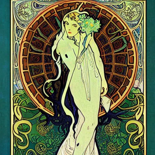 Image similar to an art nouveau painting by Alphonse Mucha of the god Cthulhu