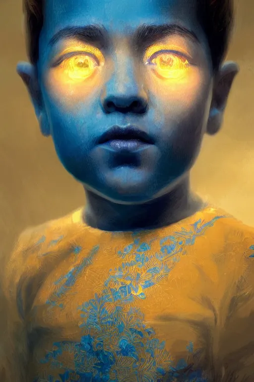 Image similar to little boy, close - up portrait, the portrait is decorated with blue and gold art deco patterns, powerfull, intricate, elegant, volumetric lighting, scenery, digital painting, highly detailed, artstation, sharp focus, illustration, concept art, ruan jia, steve mccurry