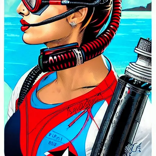 Image similar to a profile photo of a pakistani woman with a diving oxygen mask with side profile blood in ocean intricate details by MARVEL comics and Sandra Chevrier-C