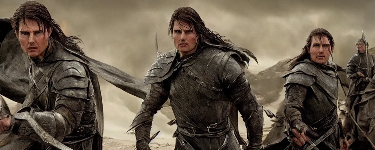 Prompt: ' tom cruise'as the entire army of mordor'lord of the rings ', cinematic scene, award winning