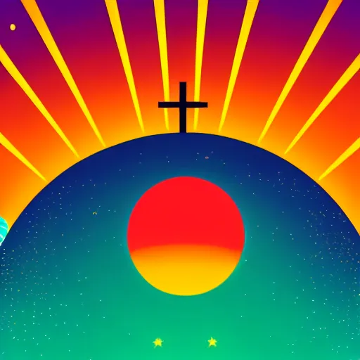 Image similar to cinematic view of sun on space, style by kurzgesagt