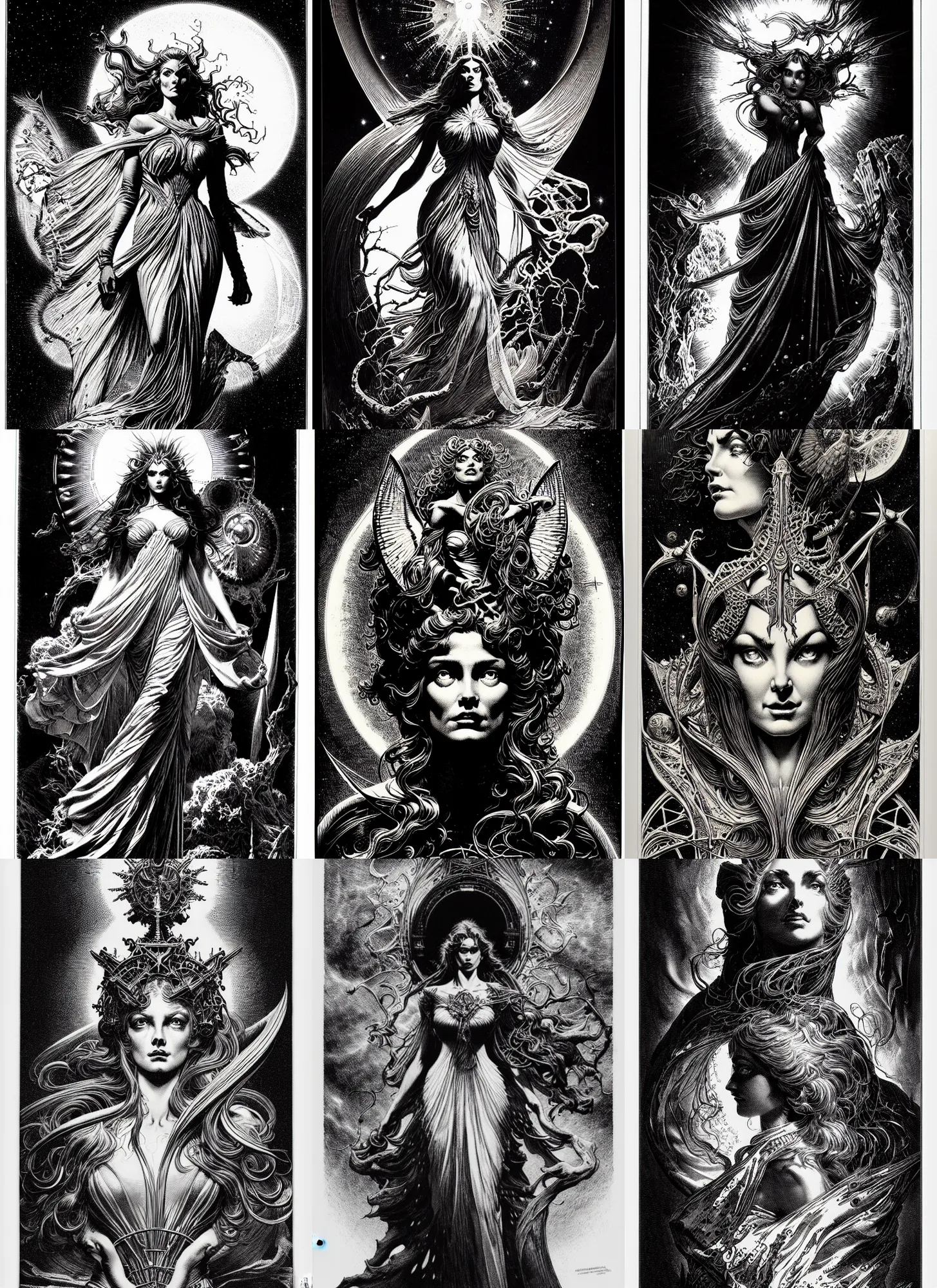 Prompt: portrait of a celestial goddess dramatic light, by bernie wrightson and simon bisley and joe fenton, inspired victorian sci - fi, etching, fine, sharp high detail, duotone screen print,