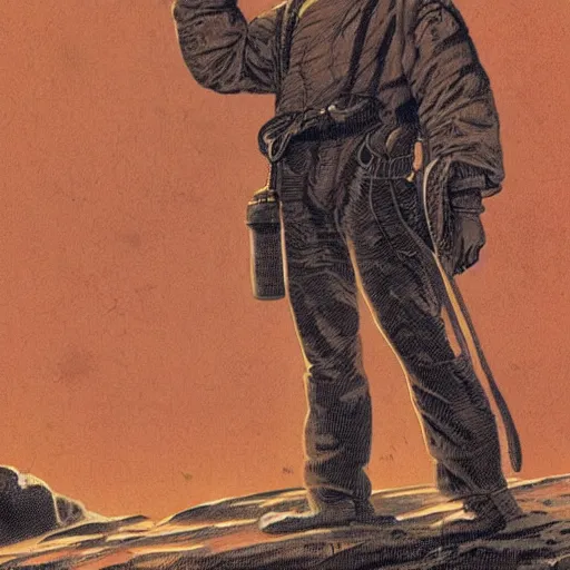Prompt: 19th century scruffy american trapper, on mars, pulp science fiction illustration